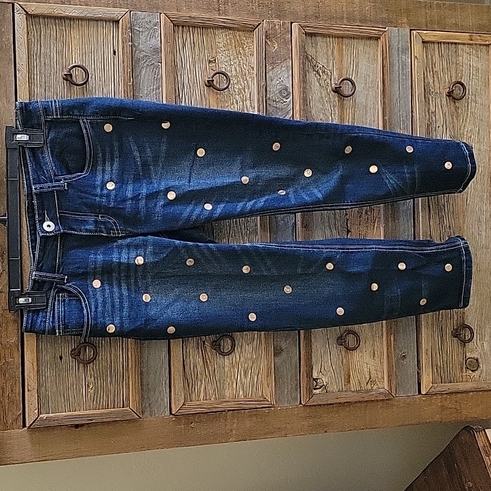 Baccini Blue jeans with rose gold polka-dots.  Size 4P cropped